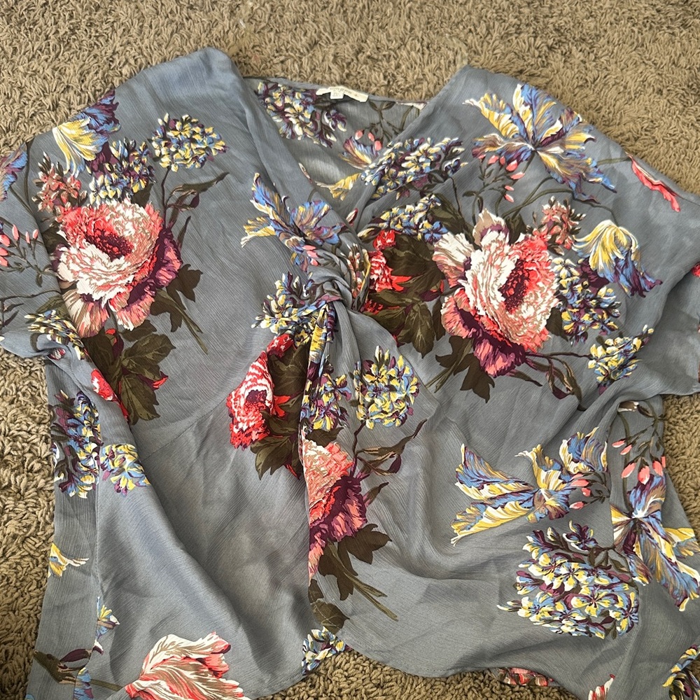 Umgee Floral Blouse - Gray with Pink and Blue Accents